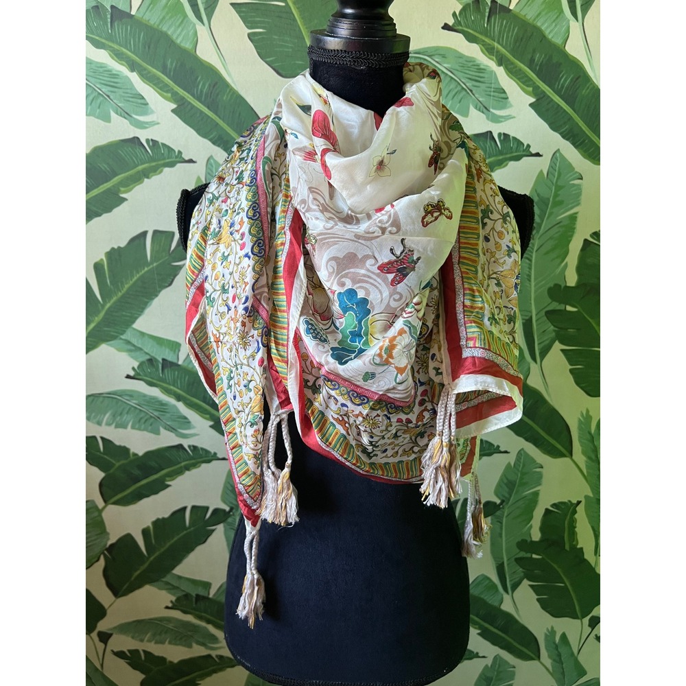Johnny Was Butterfly Floral Silk Scarf Womens OS Cream Multi